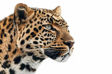 leopard white background wild cat closeup portrait isolated majestic powerful elegant graceful feline predator spots fur whiskers eyes stare intense wildlife nature animal 