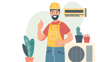 Smiling HVAC Technician with Thumbs Up. Cartoon illustration of a happy HVAC technician in a yellow vest giving a thumbs up, standing beside air conditioning units.