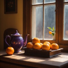 Cozy rustic kitchen interior with warm lighting, old wooden table and fresh farming produce on counter. Orange fruits on desk. Generative AI