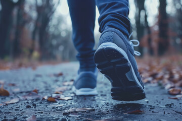 Walking on a Rainy Autumn Day in the Forest. Close-up of a person's feet in sneakers walking on a wet forest path covered with fallen leaves on a misty autumn day. - Powered by Adobe