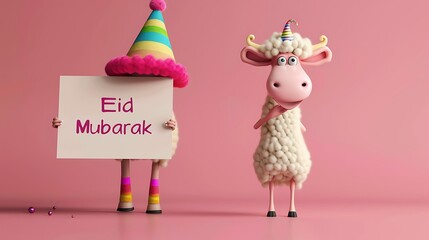 Concept of Eid: Sheep Embracing Eid Spirit with Card on Isolated Background