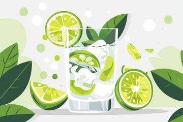 gin tonic flat illustration with lime in glass with fresh mint leaves and ice. Summer cocktails menu.