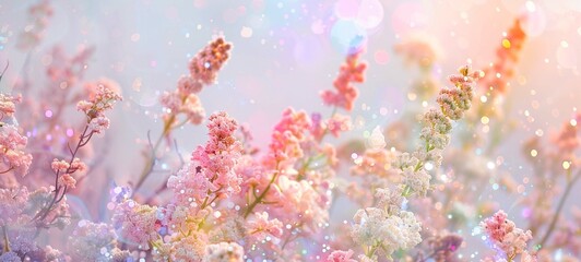 Spring flowers, dusting of golden glitter, whimsical charm, soft lighting background. 