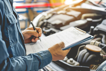 Auto Mechanic Inspecting Car Engine. Mechanic in blue uniform inspecting and writing on a clipboard beside a car engine in a workshop.