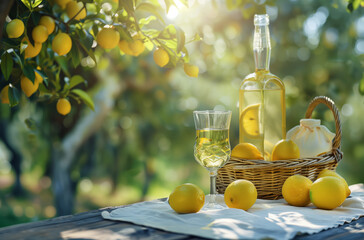 Lemon liqueur in glass bottle and ripe yellow lemons