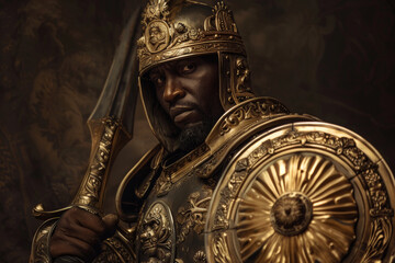 Obraz premium Saint Maurice with his golden armor, sword and shield.