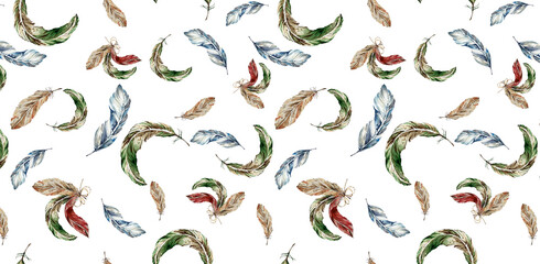 Fototapeta premium Seamless Pattern. Watercolor Green, Red, Beige, Blue Bright Curved Feathers. White Background. Illustration. For Home Textiles, Wrapping Paper, Postcards, Valentine's Day and Birthday, Website Design
