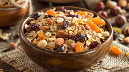 Close up of a healthy bowl of muesli with dried fruit and nuts on a sackcloth.