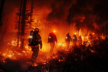 Firefighter in full gear with flashing lights leading a team through environment forests and fires