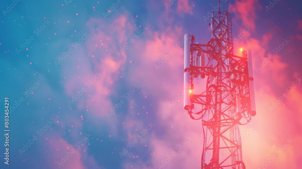 Poster close-up of a telecommunications tower emitting wireless signals, enabling mobile phone coverage in 