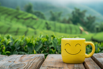 Happy smiling face with a yellow coffee mug on a wooden table and a green tea plantation background - Powered by Adobe