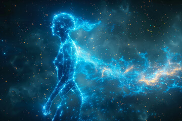 Digital Human Model with Cosmic Energy Flow. Conceptual digital art of a human figure composed of light, surrounded by a dynamic flow of cosmic energy in space.