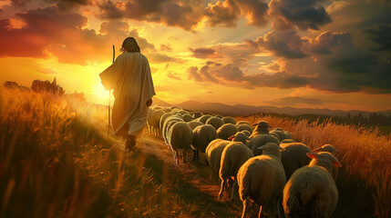 Jesus depicted as a shepherd walking with a flock of sheep at sunset