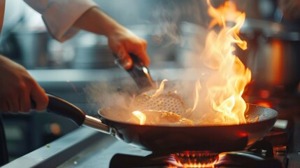 closeup chef hands cooking food or frying pan in the kitchen