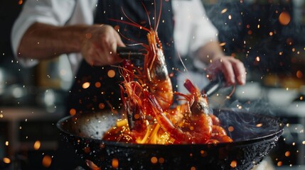 Closeup of chef throwing prawns from wok pan in fire. Fresh asian food preparation on dark background.