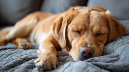 A dog sleeping on a bed with its eyes closed, AI