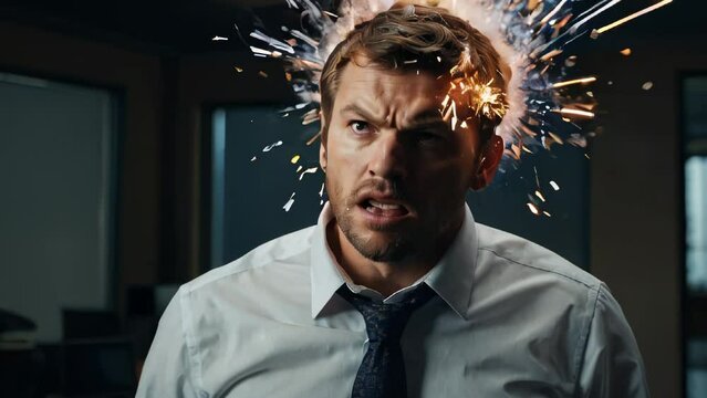 Man in a business shirt tie exploding head. The concept of mental overload, busyness, stress at work, brain drain