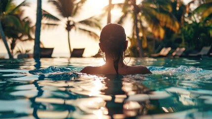 Girl swimming at the luxury poolside, tropical vacation.