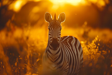 Zebra at Sunset in Vibrant Savanna Grass. A zebra stands alert in the vibrant golden grass of the savanna during a stunning sunset, creating a dramatic silhouette.