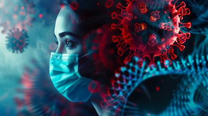 Young Woman Wearing Medical Mask Amidst Viruses. A young woman wearing a blue medical face mask, surrounded by images of viruses, symbolizing health protection and pandemic.