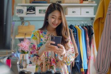 Fashionable Young Woman Using Smartphone in Store. A fashionable young woman smiling as she uses her smartphone, standing in a modern clothing store surrounded by colorful outfits.