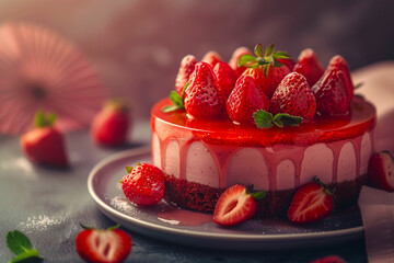 Strawberry Cake on Plate with Fresh Berries. Elegant strawberry cake decorated with fresh strawberries and mint, presented on a plate with a serene backdrop.
