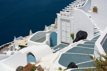 Beautiful sea view, white house, blue and white architecture, greek orthodox churche, Travel and...