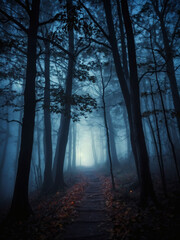 Step into the shadows of a mysterious forest illuminated by moonlight, where a fog-laden path beckons toward a Halloween backdrop filled with tantalizing hints of the supernatural.