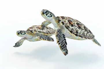 two hawksbill sea turtles swimming blue water tropical marine animals isolated white background...
