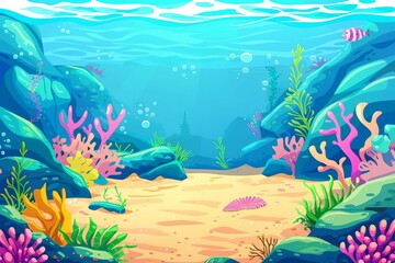 underwater seabed with colorful corals seaweed and rocks on sandy bottom cartoon vector illustration