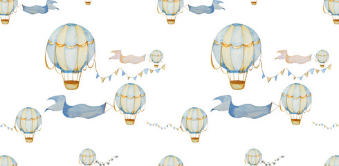 Watercolor Hot Air balloons with Garlands. Children 's Illustration. in Blue and Beige Pastel Colors. Background for Children's Room, Posters, Textile, Packaging, Stationery, Clothing