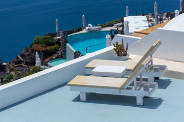 Beautiful sea view, white house, blue and white architecture, greek orthodox churche, Travel and summer vacacion, Architecture details in Santorini Greece, romantic seascape to the blue Aegean sea. 