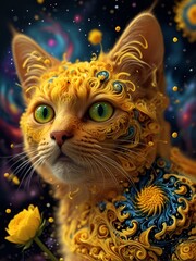 cat in a fractal Galaxy of flowers