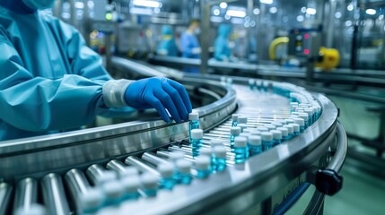 Pharmaceutical scientist wearing sterile gloves inspects medical vials on a production line made with Ai generative technology