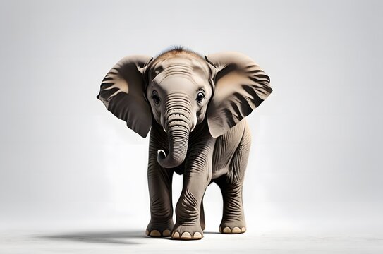A baby elephant looking straight with a white background. E for elephant.