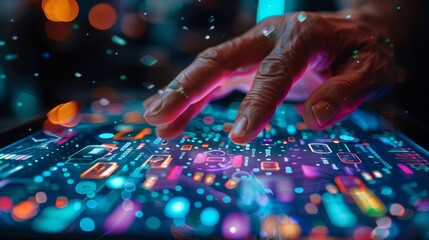 Detailed image of a hand hovering over a tablet screen as it selects high-tech gadgets from a digital electronics catalog