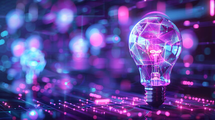 Neon light bulb glowing futuristic enviroment, Idea concept with copy space
