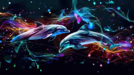 Abstract image of neon dolphins surrounded by colorful stripes and lights on a black background.