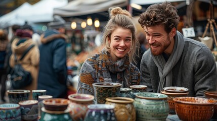 Close-up of a couples eyes wide with fascination as they discover handmade ceramics at a local artisan market