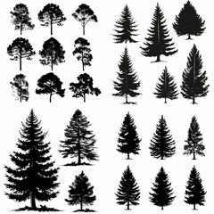 black tree silhouette set pure badge eco outline recreation breath emblem label protection graphic pine trunk woodland