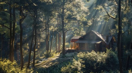 Private cabin retreat nestled in a serene forest, bathed in dappled sunlight. Private retreats