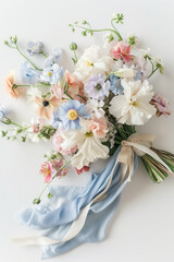 Beautiful wedding bouquet of light orange, blue, beige, white and cream flowers with silk ribbons