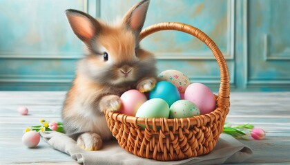 cute fluffy brown and white bunny sitting beside woven basket filled with colorful decorated Easter eggs - Powered by Adobe