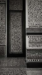Doorway adorned with intricate black, white geometric patterns, creating visually striking contrast. Patterns vary in design, complexity, ranging from floral motifs to abstract shapes,.
