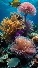 Fototapeta premium Bright yellow tang fish swims near vibrant coral reef with various types of coral in shades of pink, purple, yellow. Soft corals sway gently in current, creating mesmerizing underwater landscape.