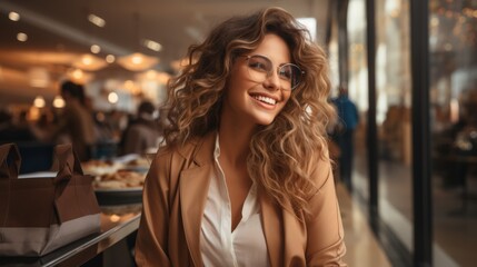 Radiant young woman enjoying a day out in a cafe