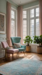 Sunlight streams through large bay window, illuminating cozy sitting area. Two plush armchairs, one soft pink, other calming teal, positioned on light blue patterned rug, inviting relaxation.