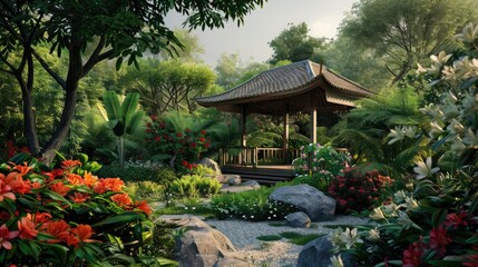 Fototapeta premium Serene garden oasis with private pavilion amid lush greenery and blooming flowers. Private retreats