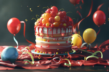 A visually striking image capturing the vibrant colors and textures of a 3D-rendered birthday cake,...