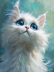 Cute white fluffy kitten with big blue eyes on a watercolor blue-green background.